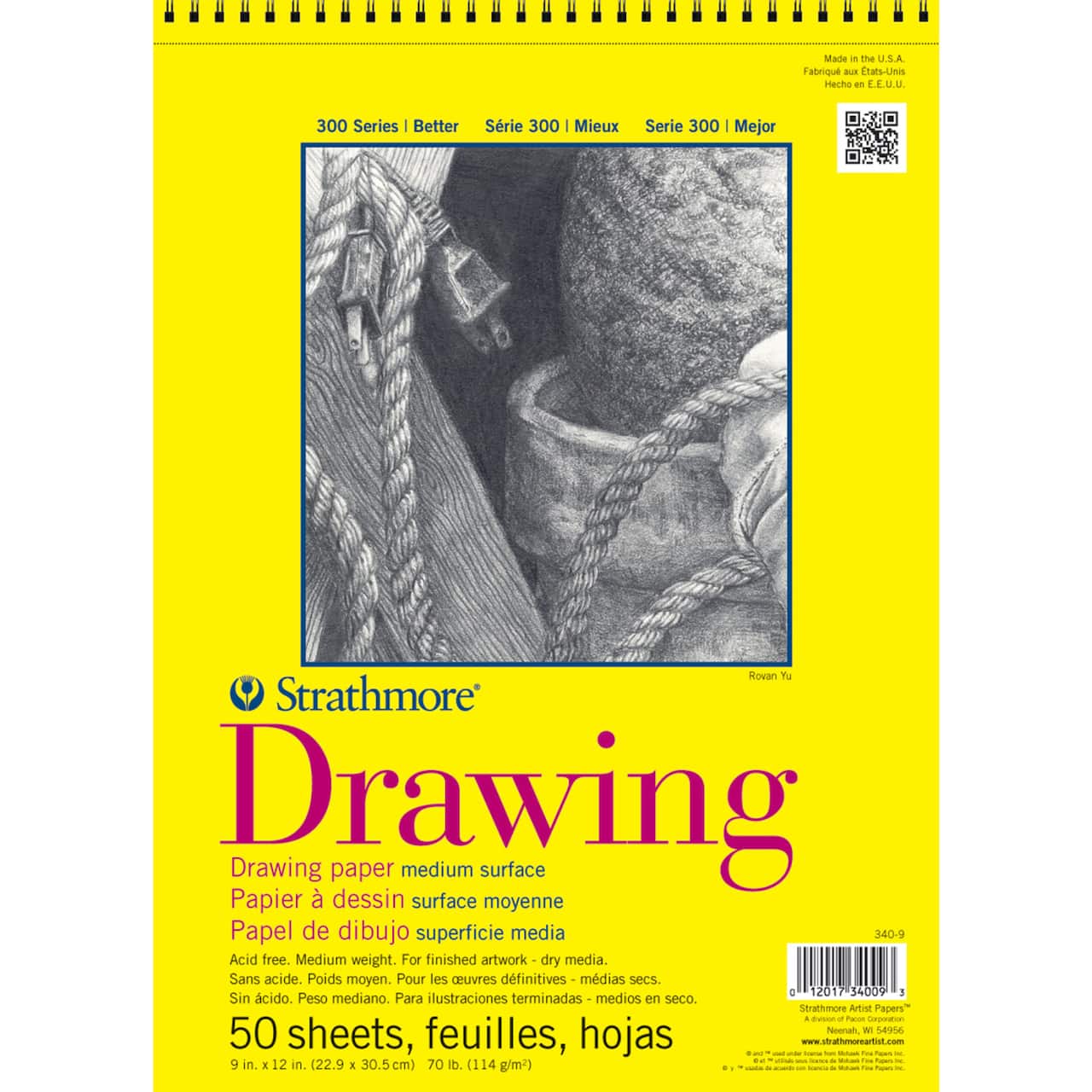 Strathmore Drawing Paper Pad, 300 Series, 50 Sheets, Spiral-Bound, 9" x 12"